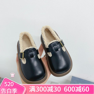 韩国品牌童鞋儿童洋气金属鞋扣浅口加绒小皮鞋2023冬季女童奶奶鞋