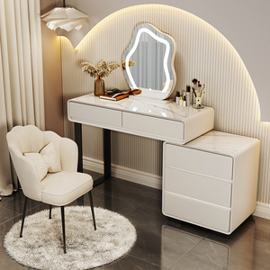 奶油风实木岩板梳妆台现代小型卧室简约轻奢高端化妆桌收纳柜一体