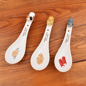 日式立体趴猫陶瓷勺子创意家用卡通猫咪陶瓷调羹三花猫宝宝吃饭勺