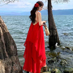 海边旅游度假露背挂脖吊带连衣裙夏拍照红色飘逸沙滩长裙子超仙女