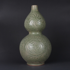宋耀州窑青釉刻花葫芦瓶花瓶手工古董古玩仿古老货陶瓷器收藏摆件