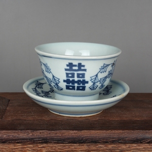 仿古瓷器青花喜字纹小茶杯带托杯 古玩古董陶瓷器仿古老货收藏品
