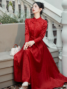 中式敬酒服2024新款新娘春秋长袖回门服红色订婚礼服女旗袍秀禾服