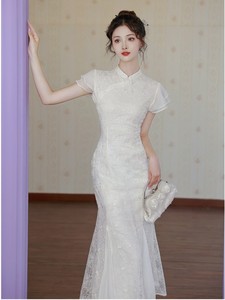 伴娘装新中式国风改良刺绣旗袍鱼尾领证订婚白色连衣裙宴会礼服女