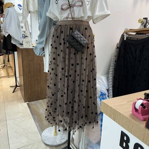 韩国代购大码女装2024春季新款网纱丝绒波点风琴褶A版显瘦半身裙
