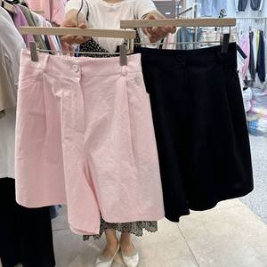 韩国代购大码女装2024春季新款夏季百搭棉麻纯色高腰显瘦五分短裤