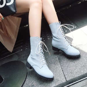 女鞋子秋冬季短靴女2019新款低跟韩版牛仔布中筒靴系带学生马丁靴