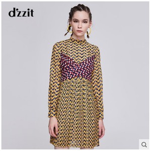 dzzit地素 过季 复古几何拼接百褶雪纺连衣裙3G1O635标牌价1690
