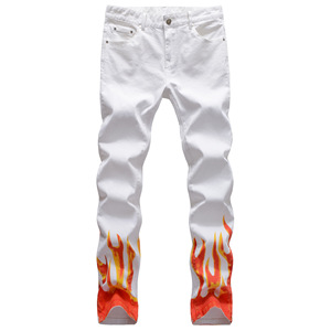 ICE李大奔同款嘻哈高街白色火焰涂鸦数码印花修身小直脚牛仔长裤