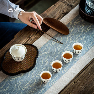 日式两条装茶席云纹防水麻布禅意布艺桌旗茶旗中式茶道茶桌布布垫