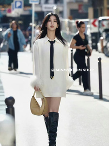 巴黎时装杨紫同款白色羽毛袖领带衬衫裙2024春装新款高级感连衣裙