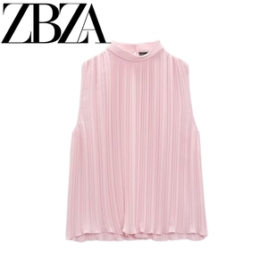 ZA 夏季新款气质粉色立领百褶罩衫无袖宽松雪纺衬衫上衣 9878105