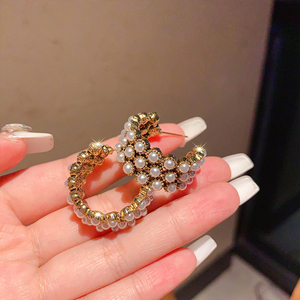 韩国东大门时尚个性简约小众金属C形珍珠耳钉复古高级感耳环耳饰