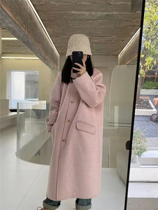 LADYBOSS韩版冬季新款羊绒大衣粉色戴帽长款外套单排扣羊毛大衣