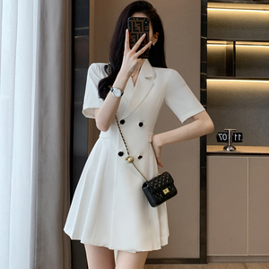 白色西装连衣裙女夏季短袖2024年新款高腰名媛气质女神范职业裙子