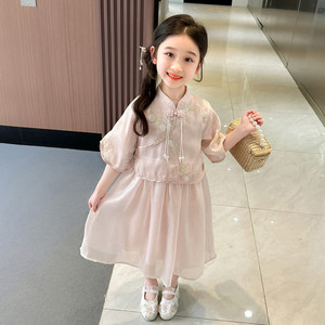 女童夏季改良中国风公主纱裙套装2024新款汉服儿童夏装复古两件套