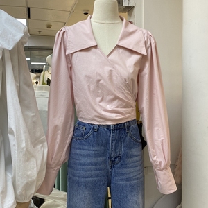 V领一片式交叉后背绑带衬衫女设计感23春新韩版简约气质长袖衬衣