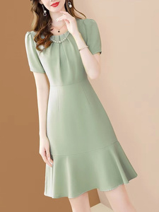 夏季法式女士连衣裙收腰短袖雪纺纯色钉珠淡绿色气质显瘦鱼尾裙