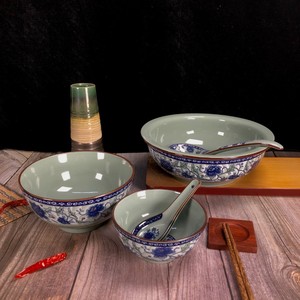 中式复古怀旧老式釉下彩餐具套装10个青花瓷饭碗家用汤面碗防烫