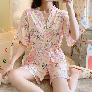 日系和服睡衣女夏季薄款纯棉短袖两件套装日式樱花可爱女士家居服