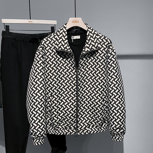 几何图案设计感夹克男士2021秋季格子潮流修身外套韩版休闲外穿
