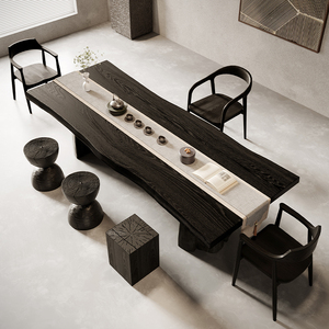 白蜡木纹理侘寂风茶桌茶台家用碳化黑简约现代客厅实木茶桌椅组合