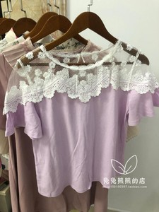 2019韩国东大门代购进口夏装新款女装甜美蕾丝边拼接短袖百搭T恤