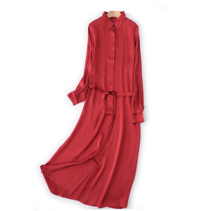 2020秋季新品真丝桑蚕丝翻领来说睡衣连衣裙腰带款大红色宽松舒适