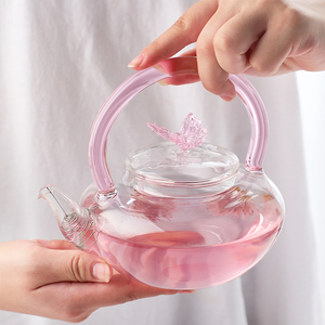 北大史玻璃泡茶壶家用透明粉色花茶壶茶具电陶炉煮茶提梁壶单壶