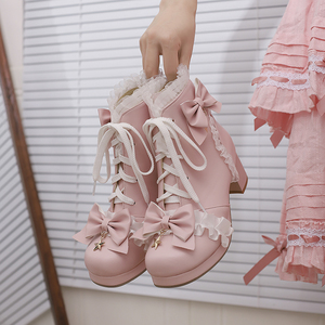 星星Lolita靴子4345大码女鞋甜美粗跟系带马丁靴圆头短筒洛丽塔鞋