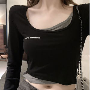 2020年秋装短款修身显瘦T恤女小心机设计长袖假两件露脐上衣ins潮