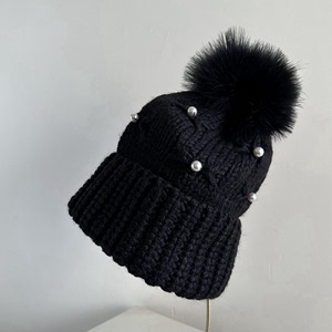 毛线帽翻边保暖羊毛黑白手工珍珠皮草球球可爱女士冬季针织帽甜美