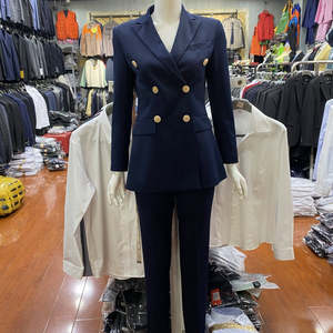 女士藏蓝色双排扣西服高级感气质韩版弹力双开叉显瘦西装工作制服
