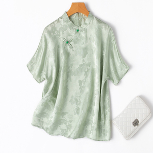 一丝清凉的新中式~真丝花罗提花素绉缎立领连袖短袖斜襟T恤衬衫绿