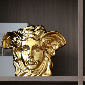 现代轻奢金色电镀陶瓷美杜莎人脸花瓶意式摆件玄关客厅艺术装饰品
