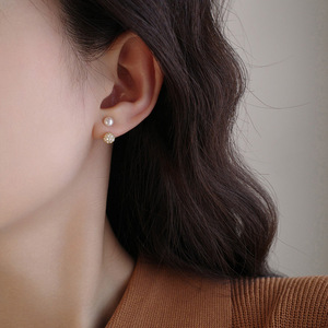 S925纯银轻奢镶钻珍珠后挂式耳钉耳环耳饰女款设计感高级潮小众潮