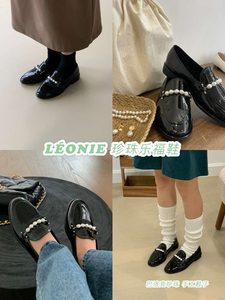 现货韩国直邮Leonie东大门代购黑色珠珠巴洛克珍珠手工单鞋pu皮鞋
