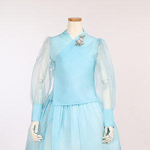 朝鲜族平时穿的生活韩服天蓝色泡纱上衣和新满天星3层裙子S24033