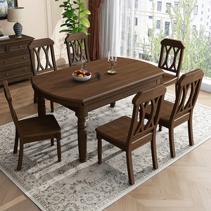 全实木餐桌复古美式折叠餐桌可变圆桌可伸缩饭桌子小户型家用圆形