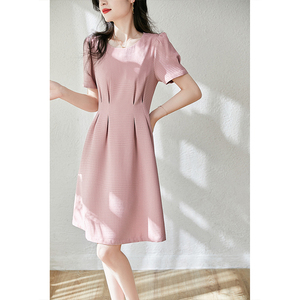 简漫 透气华夫格料 优雅收腰显瘦连衣裙 复古法式风中长裙子 粉色