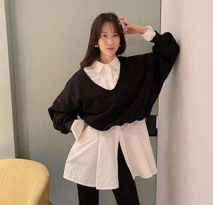 韩国正品女装代购 Partysu 2024春款 Cielo超大V领设计款式卫衣