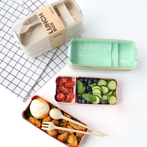 方形三层小麦秸秆纤维塑料便当盒学生成人用饭盒带餐具可logo