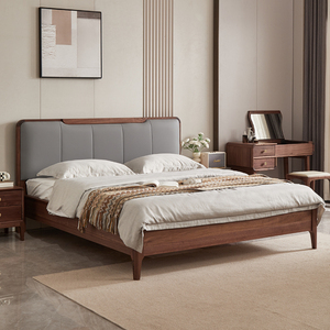 北美黑胡桃木床现代简约实木床双人婚床卧室家具软床真皮靠背轻奢