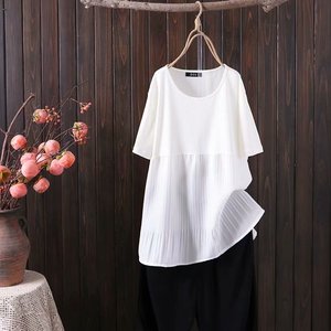 韩版夏季半袖胖mm洋气上装女大码女装200斤中长款雪纺拼接短袖t恤
