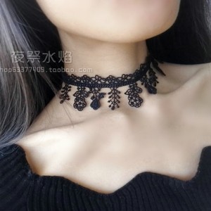 『摇曳』哥特唯美简约性感黑色布艺镂空花朵蕾丝项链颈链女choker