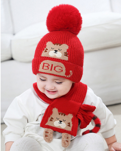 儿童男女宝宝冬天加厚保暖可爱虎年红色老虎针织毛线帽子围脖套装