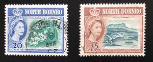 马来西亚1961年北婆罗洲风貌-蝴蝶兰花和基纳巴卢山邮票两枚