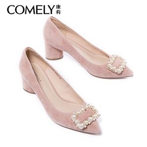 comely/康莉女鞋春季新款珍珠水钻粉红色婚鞋女高跟鞋粗跟