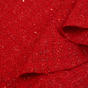秋冬薄款亮红色亮片刺绣编织小香风粗纺布料春秋套装裙服装面料