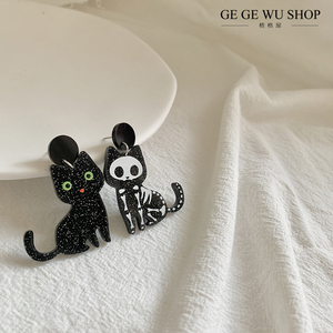 GGW手作 万圣节可爱黑猫骷髅耳环不对称个性猫咪耳夹小众夸张耳饰